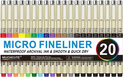 Micro Fineliner Drawing Pens 20 Set(12 Colored & 8 Black) Artist Art Supplies Ad