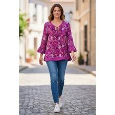 Tory Burch Floral Bell Sleeve Tassel Tie Neck Bohemian Habanero Tunic Size 6