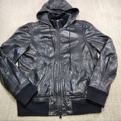 John Varvatos Leather Jacket Men Medium Converse Hooded Full Zip