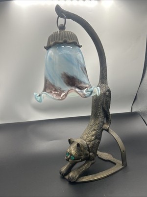 Art Deco Bronze Cat Multi Color Art Glass Shade Vanity Table Lamp 15'' No Cord
