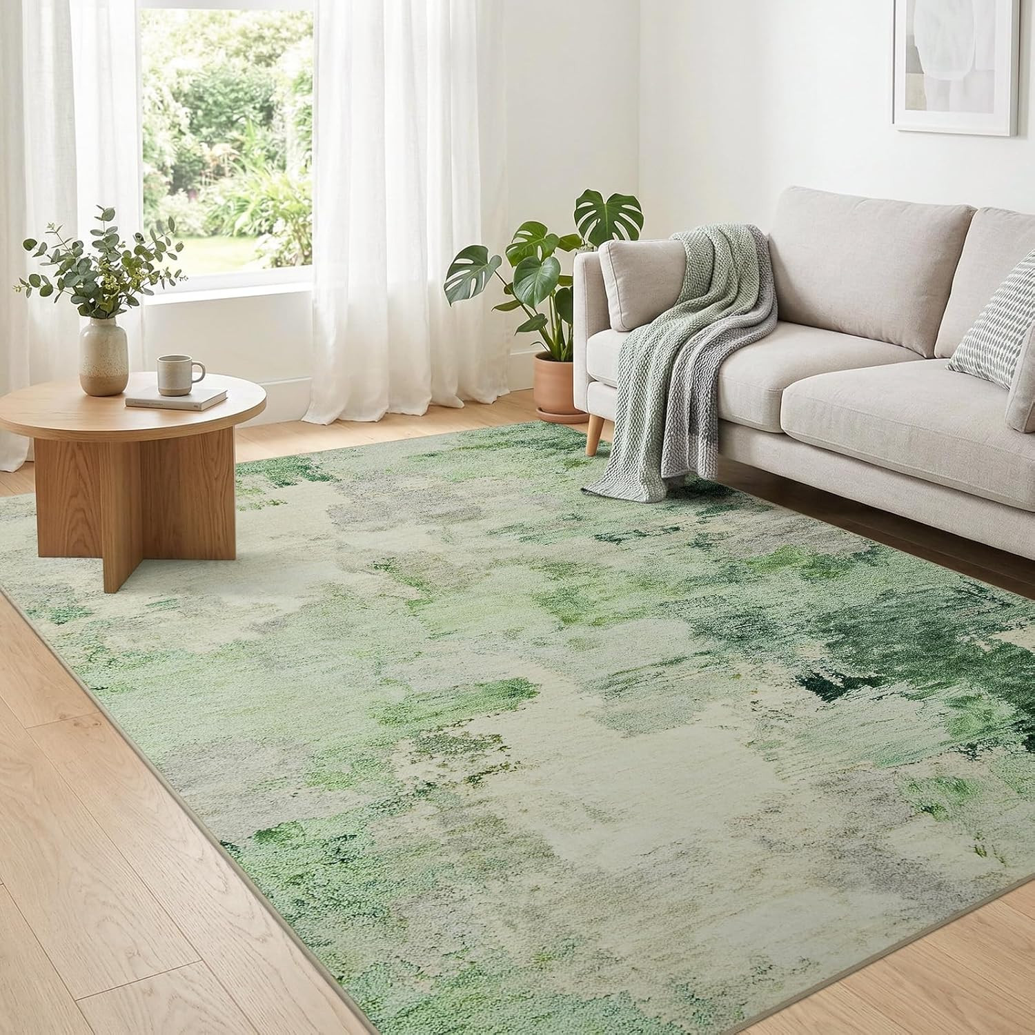 Area Rugs 5X7 Washable, Light Green Modern Abstract Non-Slip Soft Low-Pile Carpe