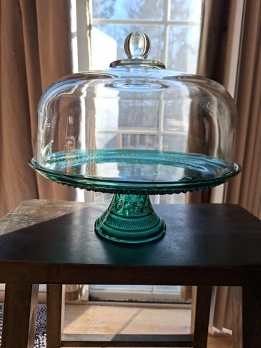 Vtg Anchor Hocking Wexford Cake Plate Emerald Green Stand Clear Punch Bowl