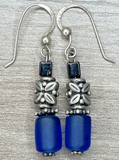 Artisan Sterling 925 Blue Sea Glass Tube Bead Floral Dangle Hook Earrings VTG 4g