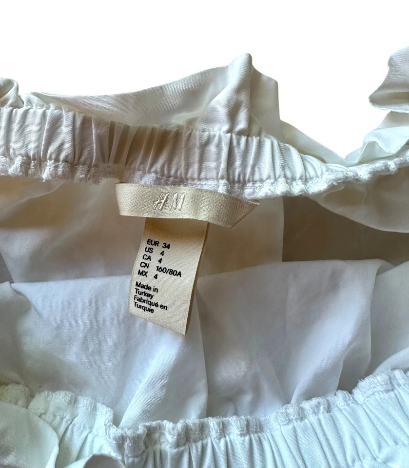 H&M Women's Off the Shoulder Crop Top Short Puff Sleeve Ruffle Cotton Sz 4 White - Image 3 of 4