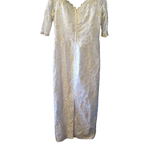 Vtg Wedding wht lace dress long to ankle form fit gold sequins pearls beads 9/10 - Picture 2 of 10