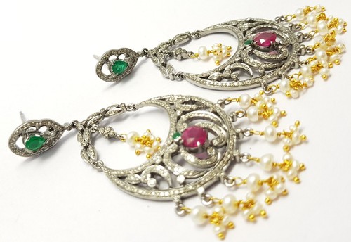 Ruby Emerald Pearl Gemstone Pave Diamond 925 Sterling Silver Traditional Earring - Picture 8 of 8