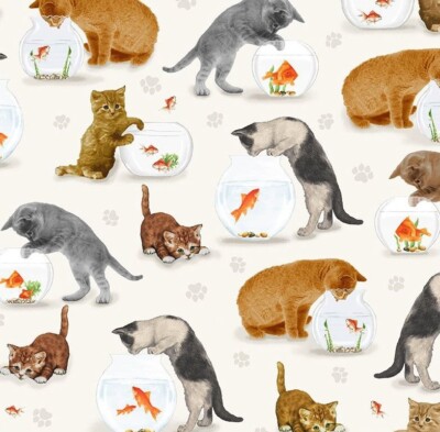 Feline Drive Fabric YOU HAD ME AT MEOW Cats & Fishbowls Cream Sold by the Yard