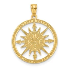 Real 14kt Yellow Gold Small Satin / Polished Lost Without You Compass Pendant