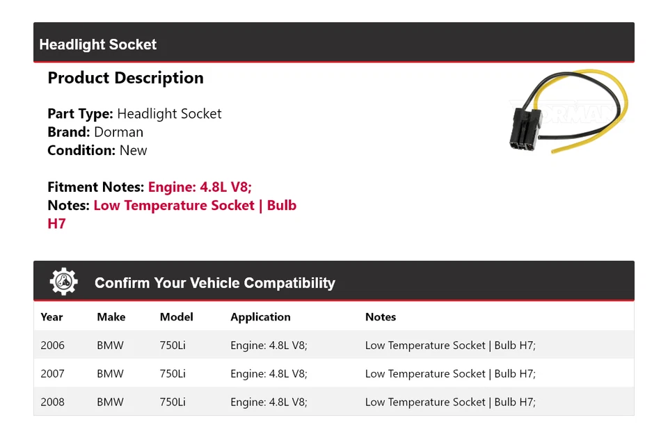 For 2006-2008 BMW 750Li 4.8L V8 Dorman Headlight Socket 2007 - Image 2 of 4