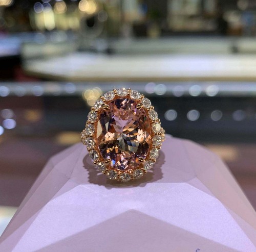 4Ct Oval Simulated Morganite Diamond Halo Engagement Ring 14K Rose Gold Plated - Picture 3 of 7