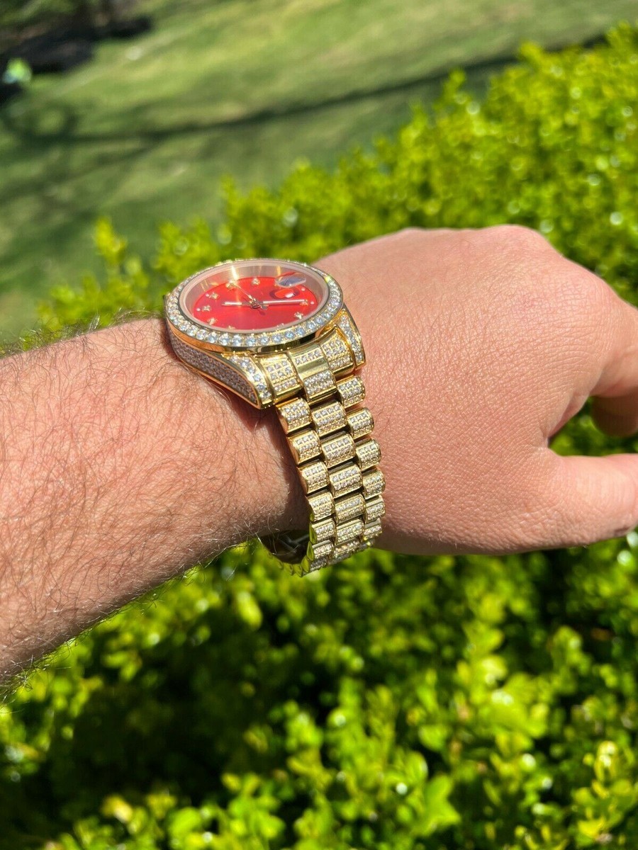 Blood of Christ Hip Hop Jesus Piece Mens Iced Ruby Red Gem  Men\'s Bling Icy Gold/Red Watch with Jesus Design main image 1