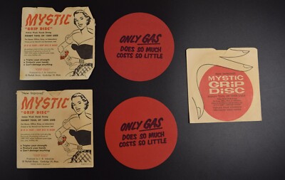 2x Vintage Rubber Mystic Grip Discs - Gas Advertisement ''Costs Little Does Much''