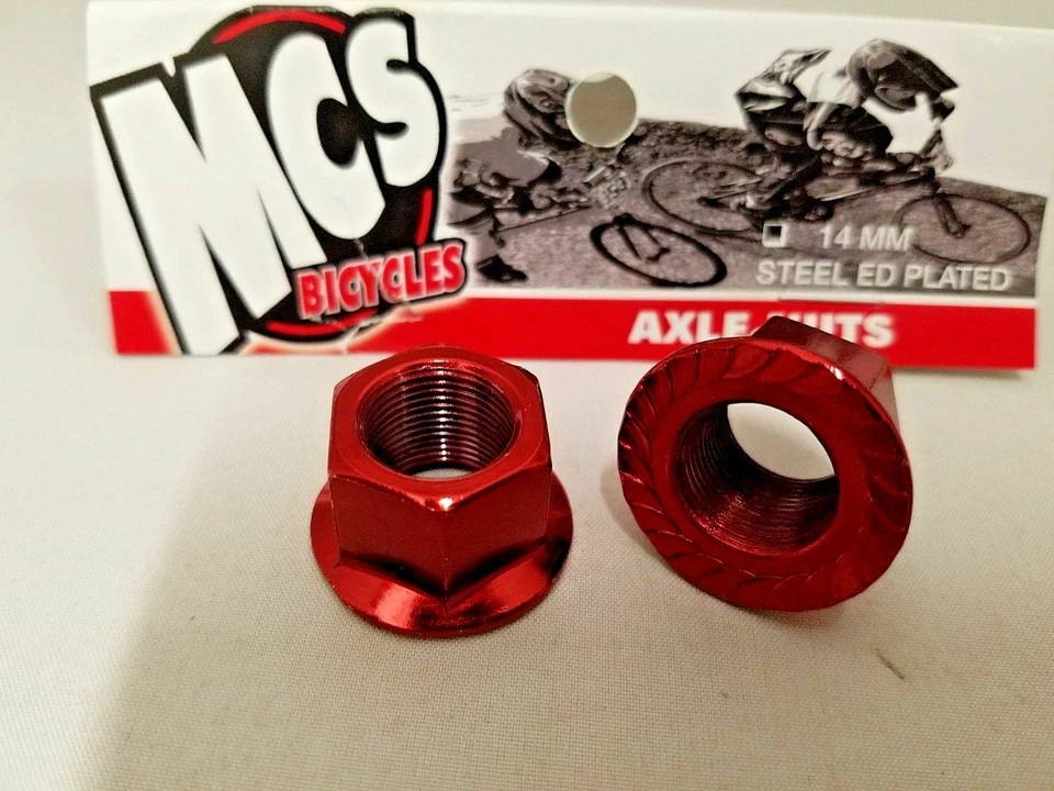 MCS BMX FREESTYLE STEEL ED PLATED 14MM AXLE NUTS PAIR RED