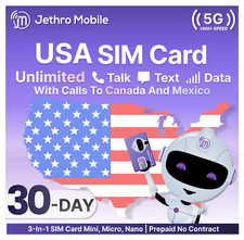 Prepaid SIM Card 30 Days 20GB High Speed Data Unlimited Talk Text Jethro Mobile