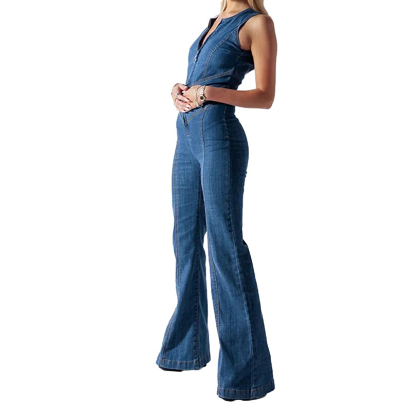 Women Backless Denim Jumpsuit Heart Cutout Sleeveless