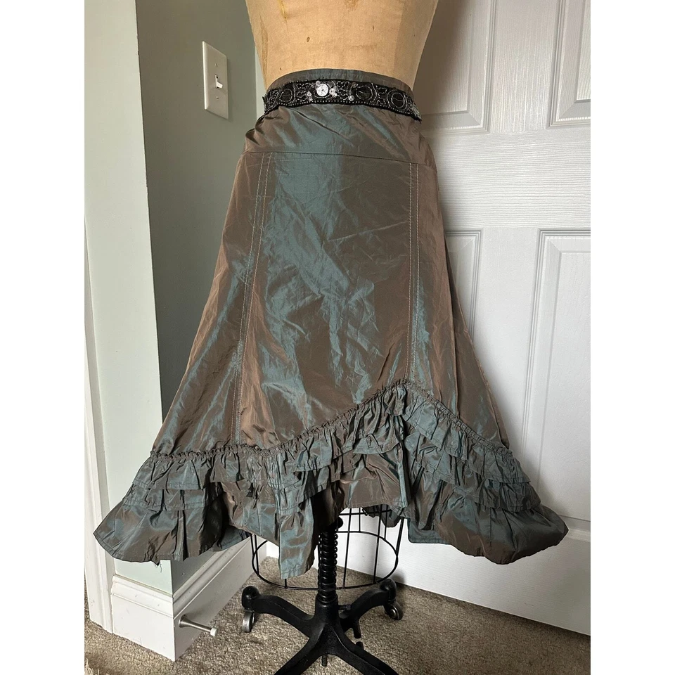 复古 90 年代塔夫绸中裙荷叶边意大利光泽不对称奇怪绿色  — 第 2/4 张图片