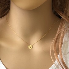 14K Solid Yellow Gold Mini Disk-Cut Out Paw Print Dainty Necklace Minimalist