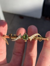 9ct Gold Peridot Seed Pearl Bangle, Victorian Art Nouveau, 9k 375 5.3G