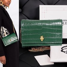 NEW $990 ALEXANDER MCQUEEN Emerald Green CROC EMBOSSED Leather SKULL Chain BAG