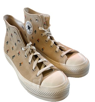 Womens 9 Converse Chuck Taylor Lift Embroidered Roses Hi A04300C Tan Suede Ivory