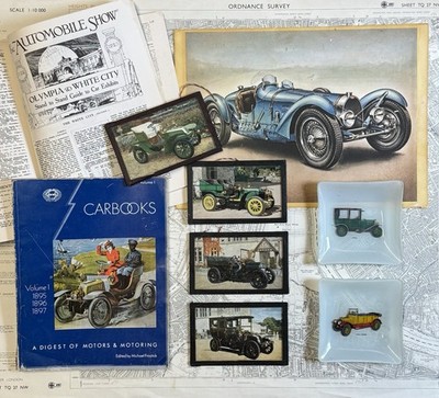 Vintage Auto Erinnerungsstücke Postkarten unter Glas Druck Aschenbecher Zeitschriften