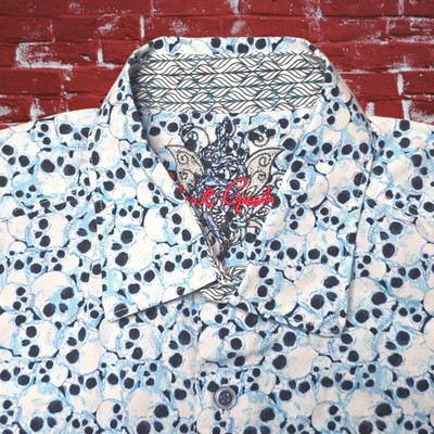 Robert Graham Skulls Print Button-up Shirt Short Sleeve Mens Medium Blue EUC