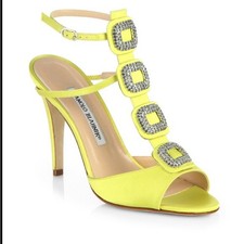  1395 Manolo Blahnik SUW 115 Satin CRYSTAL Jeweled Sandals Yellow Shoes 37.5