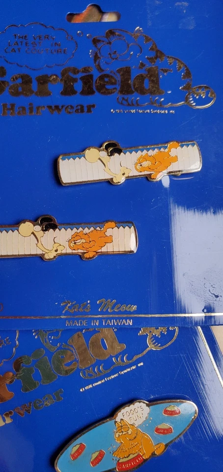 Pinza de pelo Garfield vintage 1978 metal dorado Kat's MEOW Foto 3 de 4
