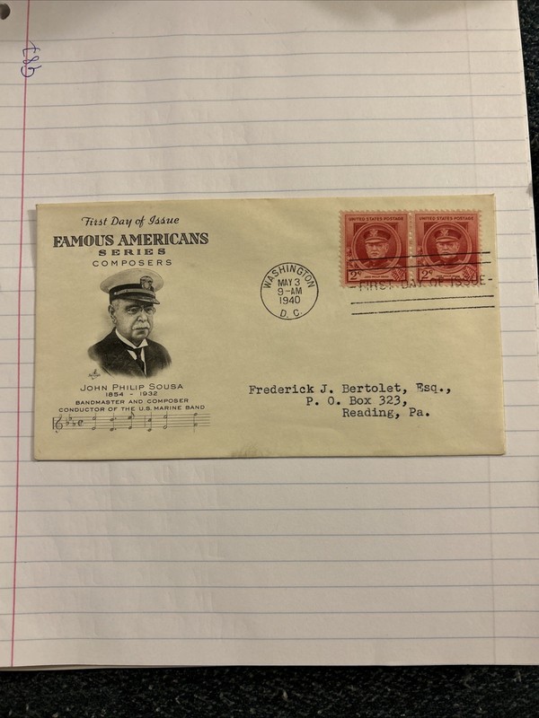John Philip Sousa (Composer) 2c Stamp 1940 Fdc Sc#880 Art Craft Cachet Cover #1