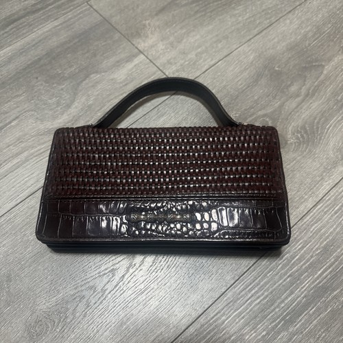 BRIGHTON Woven Leather Satchel Handbag Mahogany Brown Purse Bag Handle Cards ID