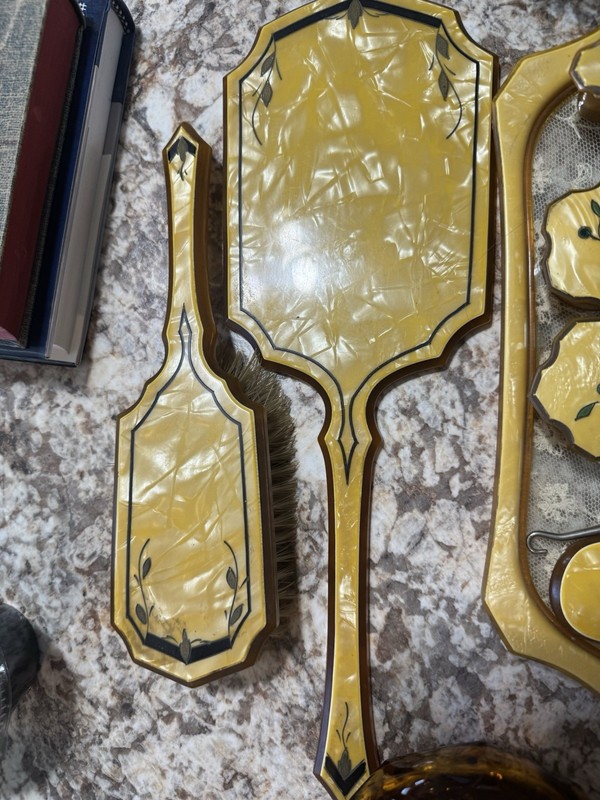 Vintage Celluloid Vanity Dresser Set: Hand Mirror, Brush, Tray, Amber Jars