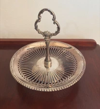 Vintage Silver-Tone Decorative Handle Basket Dish with Pierced Tableware Design