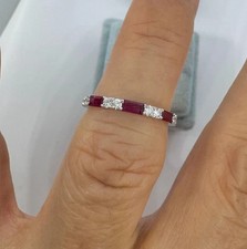 Lab Created Red Ruby 1Ct Emerald Cut Anniversary Band Ring 14K White Gold Plated