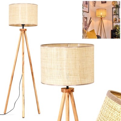 HOFSTEIN Bruino Stehlampe mit Holzfuß und Schirm aus Papiergeflecht Stehleuchte