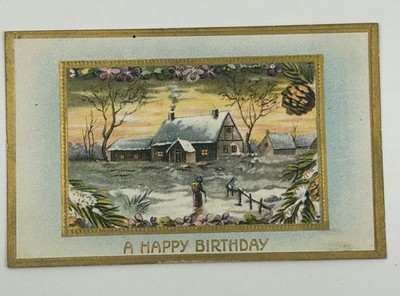 Antique 1910s Embossed Birthday Postcard Winter Scene Serie 281 Grundy Center E3