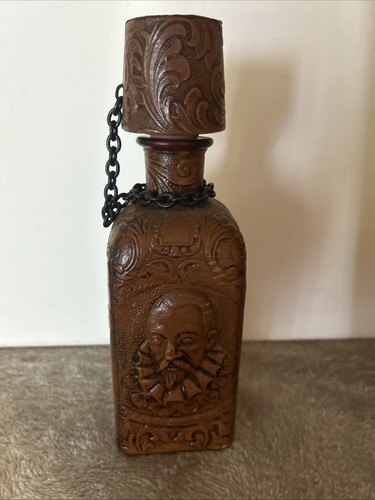 Vintage Leather Wrapped Decanter Bottle Miquel de Cervantes Don Quiote
