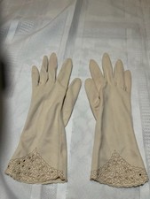 Wrist length Almond colored Gloves, with designs at wrist