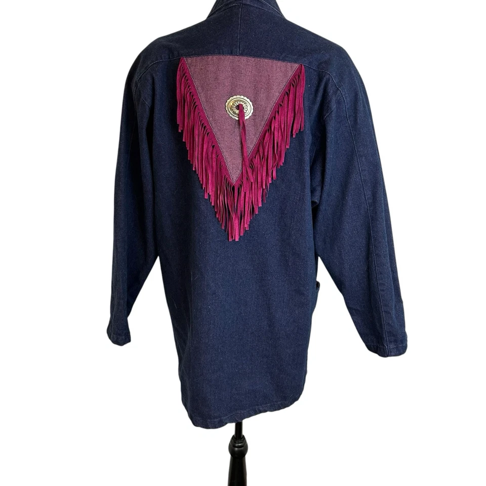 Chaqueta de mezclilla de colección Roughrider Western para mujer M imitación gamuza flecos caracola rodeo EE. UU. Foto 2 de 4