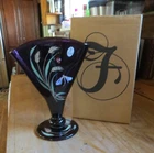 Fenton Glass Hand Painted   Black  Amethyst  Fan Vase 8.5 Signed Johnson  61/175