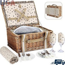 Large Wicker Picnic Basket Set W/ Dual Canvas Straps Utensils Blanket Wine Bag