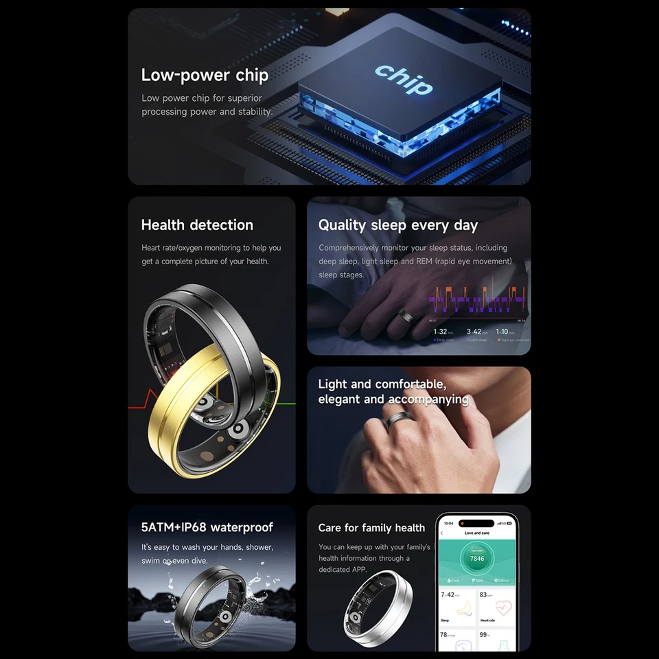 Smart Ring Fitness Tracker Heart Rate SPO2/BP Sleep Monitoring IP68 Waterproof - Image 4 of 4