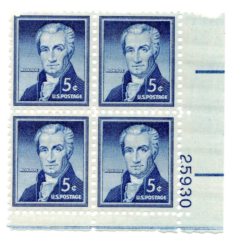 SC# 1038, 1954--5c James Monroe, Plate Block of 4, M/NH