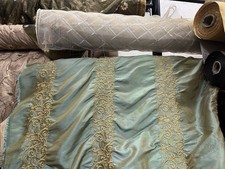 FAUX SILK FLOWERS EMBROIDERED DRAPERY UPHOLSTERY Sold By The Yard - Green / Blue
