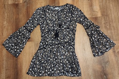 Amuse Society Womans Floral Mini Dress With Tie Neck Small 3/4 Flare Sleeves 401