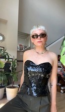 VTG 90s Black Tie Black Sequin Corset Bustier Top
