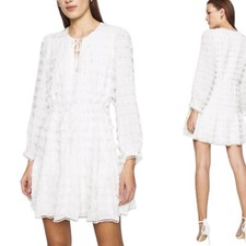 FARM Rio Women Dress Fringe White Tie Neck Size Small Cottagecore Beaded Flare