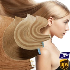 8A Thick 150G Tape In Remy Human Hair Extensions Skin Weft FULL HEAD Balayage