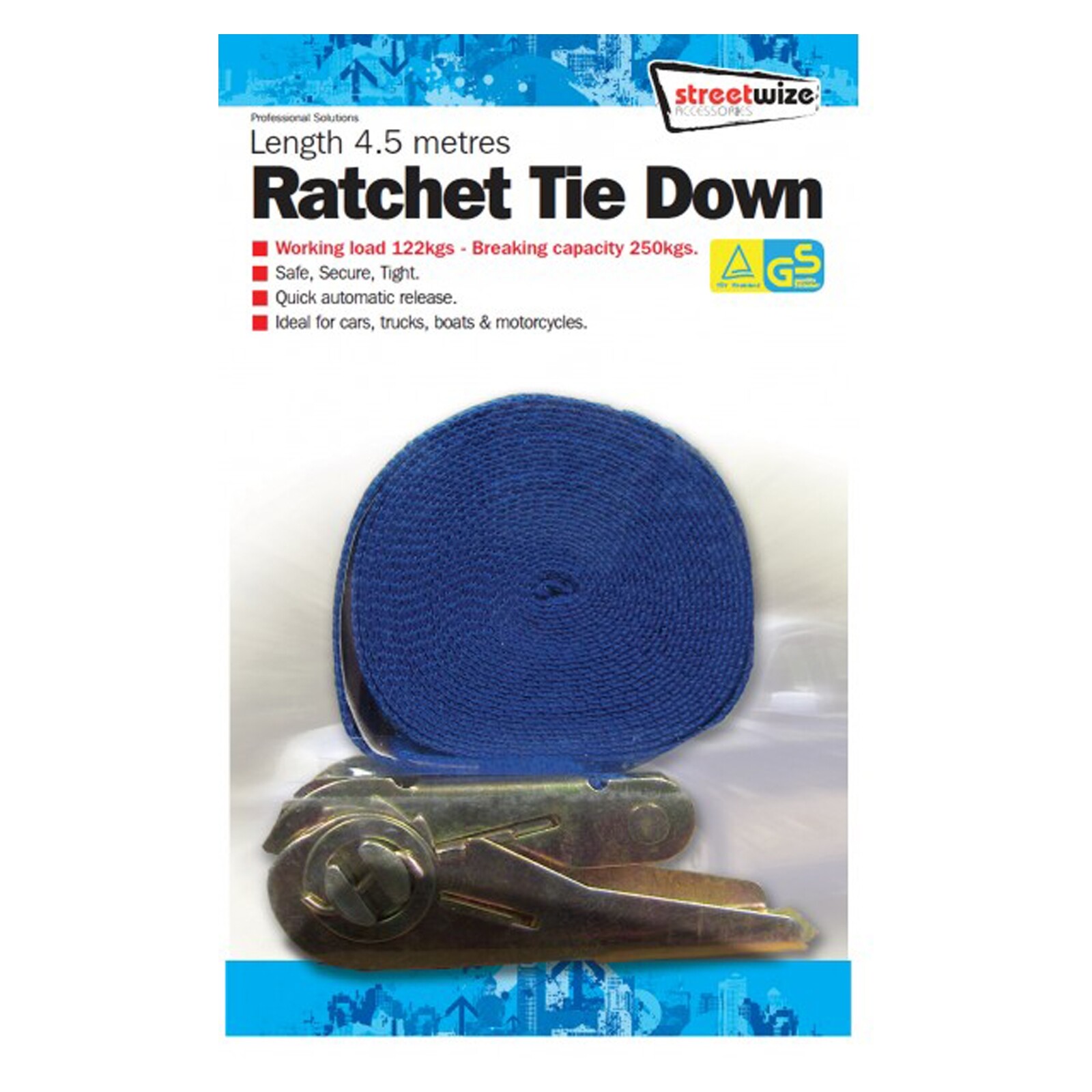 Buckle Tie Downs 4.5m - Maximum Safe Load 122 Kgs Each - Streetwize SWTD4