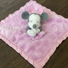 Disney Store Gray Minnie Mouse Baby Lovey Blanket Pink Stars Satin Trim Sleeping