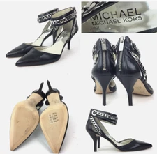 Michael Kors Womens 6M Black Leather Chain Ankle Cuff Pointed Toe Zip Back Heels